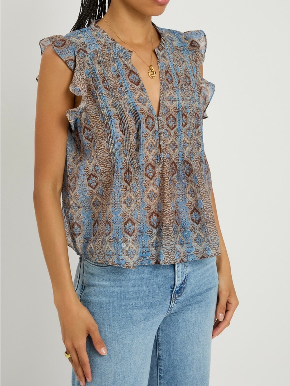 Evereve Blue and Brown Printed Ruffle-Trim V-Neck Camisole